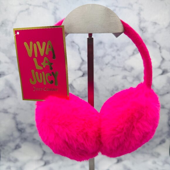 Juicy Couture Viva La Juicy Earmuffs, Pink Faux Fur with Rhinestone Logo- NEW - Picture 1 of 9